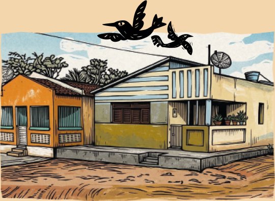 Ilustração em xilogravura do casarão onde o restaurante começou, com pássaros voando sobre o telhado.