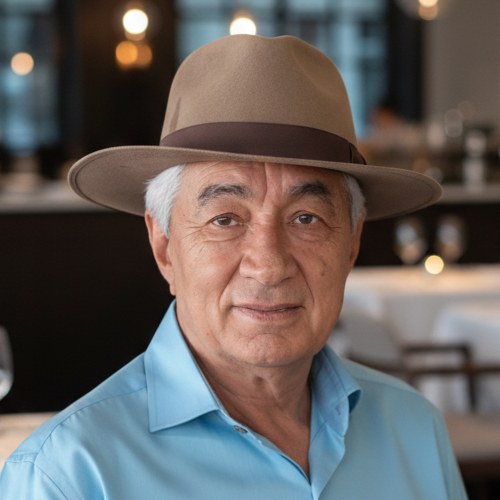 Retrato do Seu João, fundador, de chapéu e camisa azul.